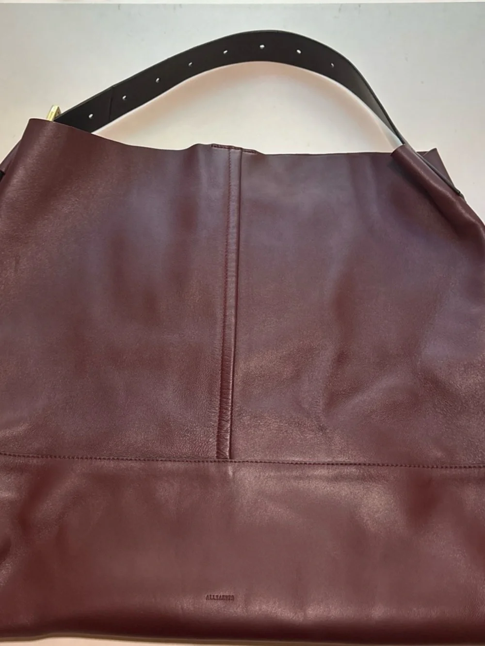 A247 - AllSaints Asha Burgundy Leather Oversized Shoulder Tote Bag